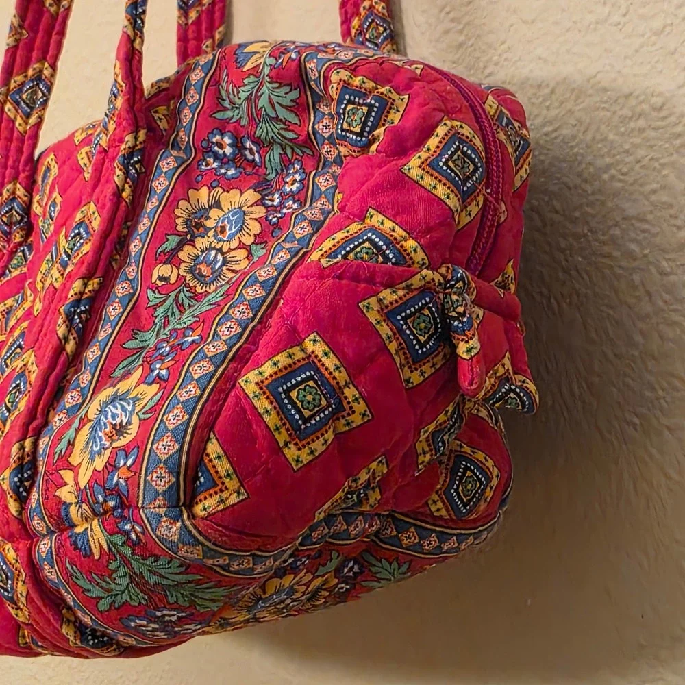 Vera Bradley Vintage Retired Red Floral Geometric Quilted Cotton Barrel Handbag
